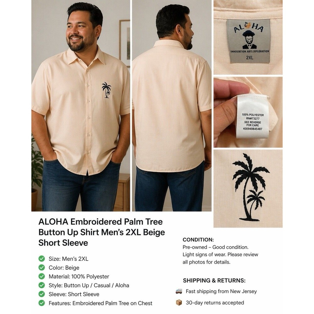 Aloha Men’s Button Up Shirt 2XL Beige Tropical Palm Tree Casual Beach
